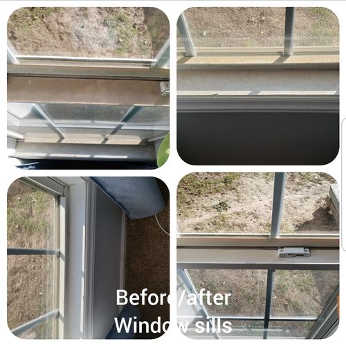 Before and after of dust and grime on window sills