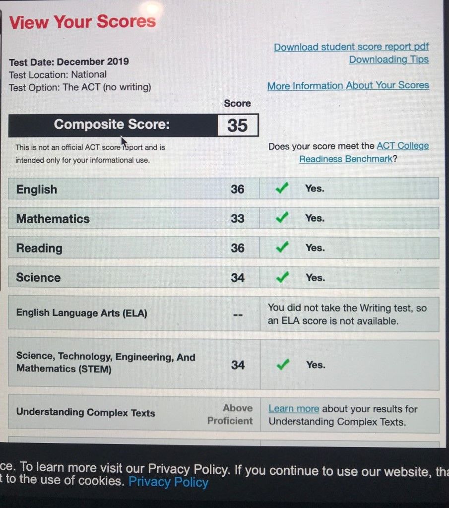 Student result from December 2019 ACT.  Student pr