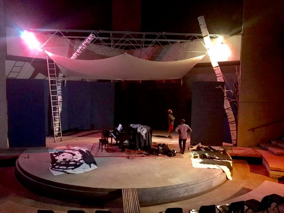 Setting up the stage at Arcosanti.