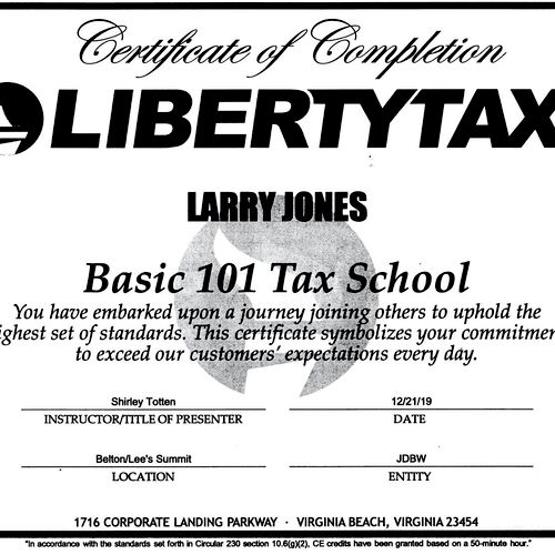 Tax School 101 Certificate