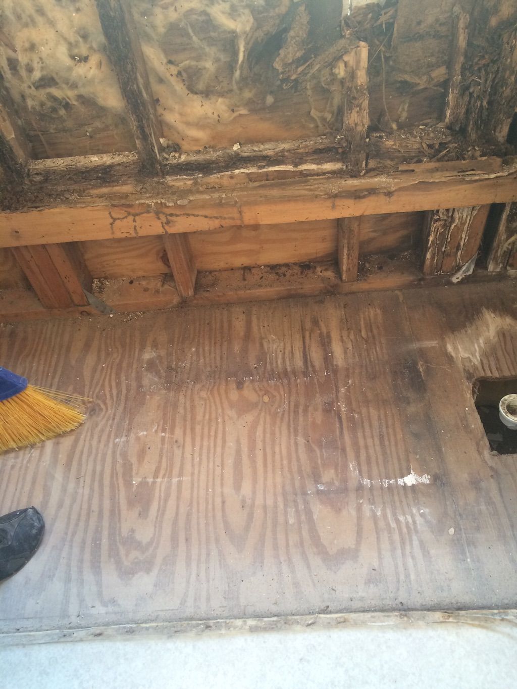 Water damage had damaged entire frame around bathr
