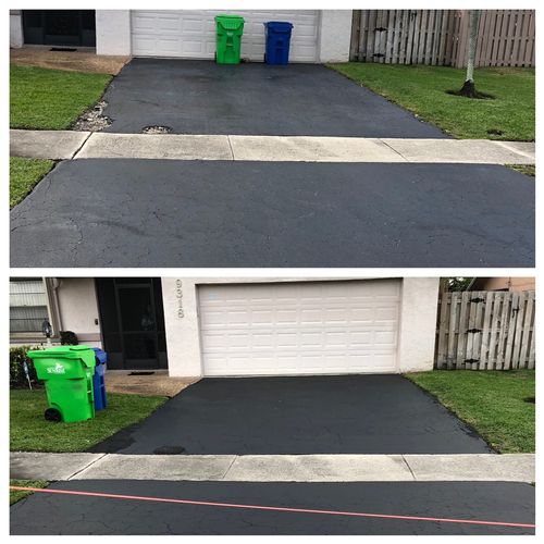 Before & after, pot hole asphalt repair & resealed