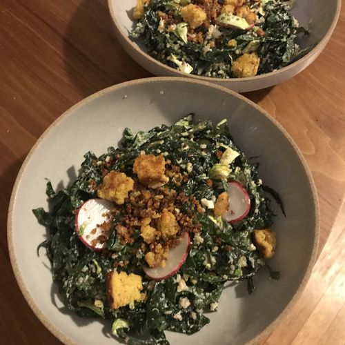 Vegan Kale and Brussels Sprout Caesar with Cornbre