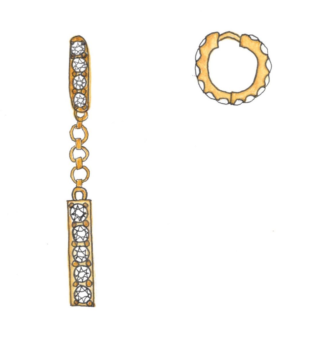 Diamond huggie dangle earrings sketch