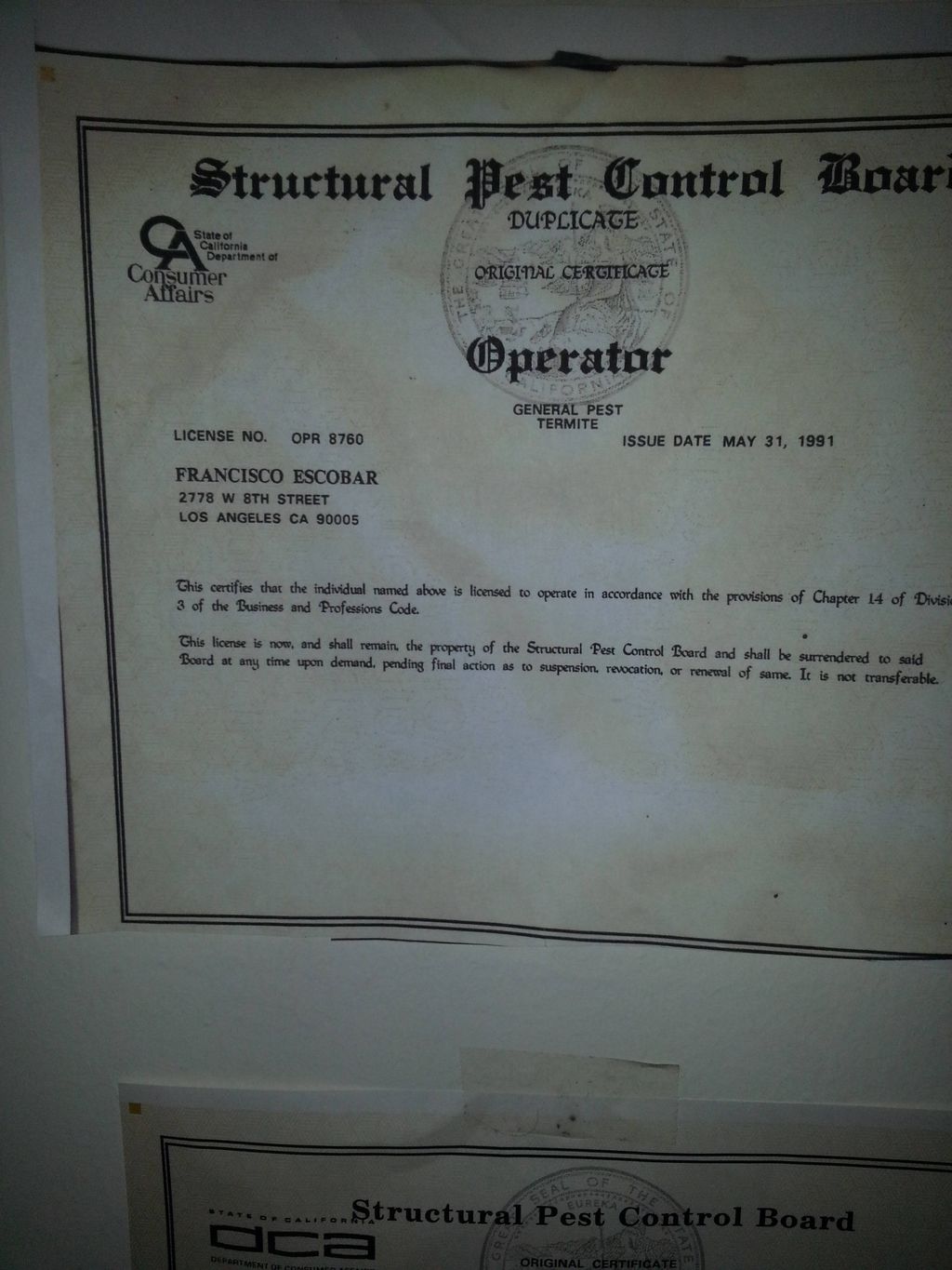 OPERATOR'S LICENSE 