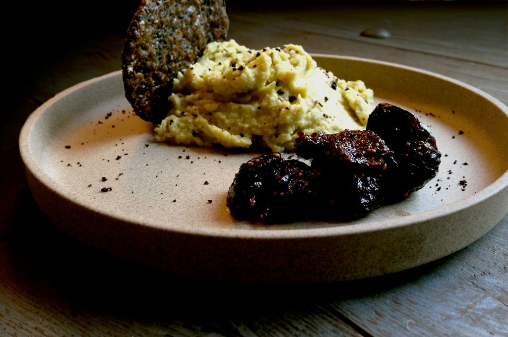 miso hummus with black fig relish