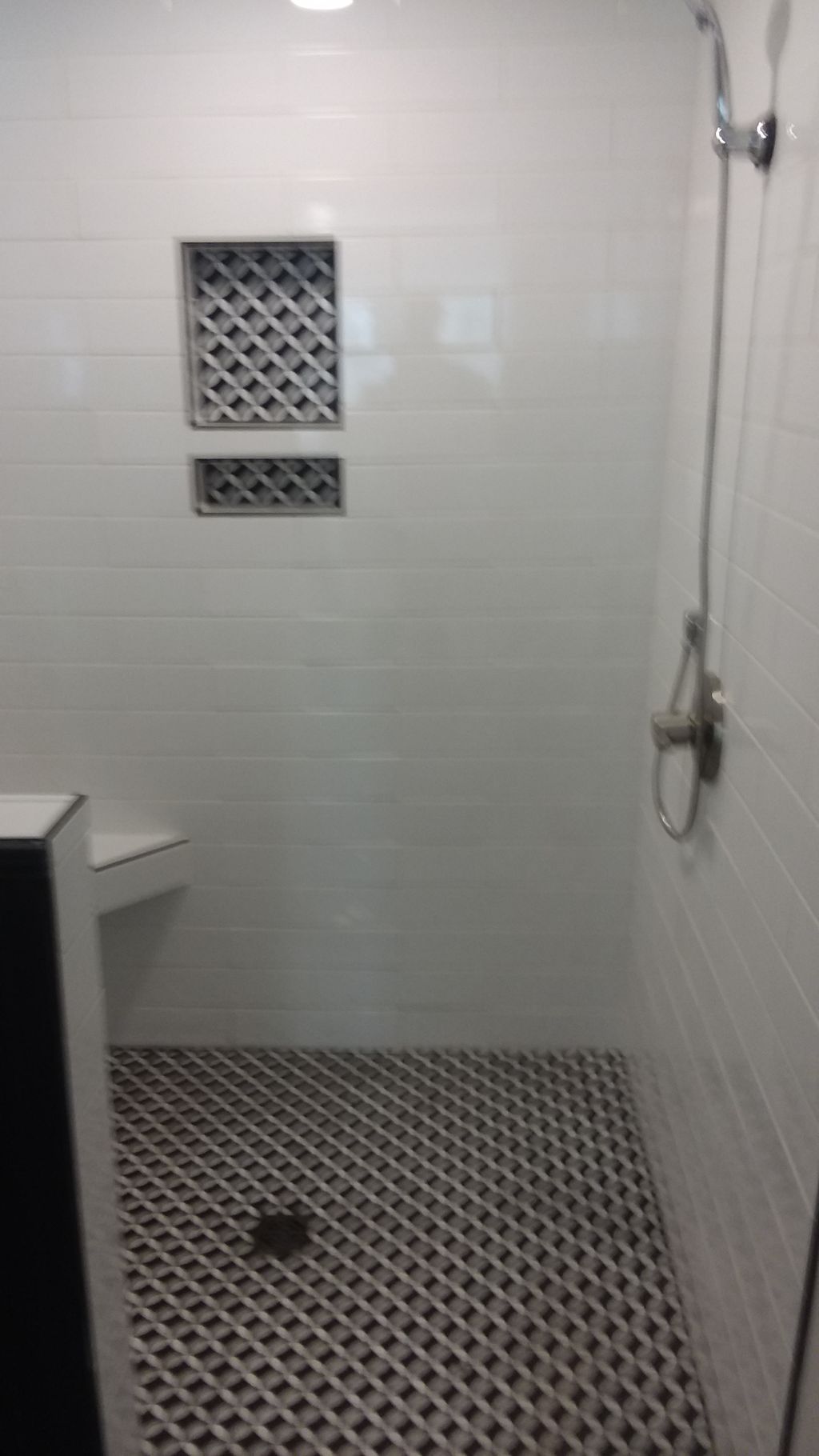 new walk in shower with subway tile walls composit