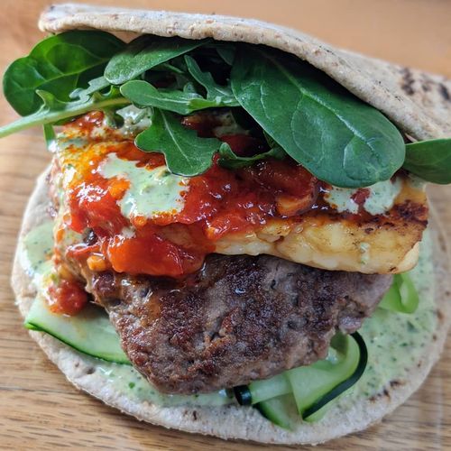 Moroccan lamb burger with grilled halloumi, hariss