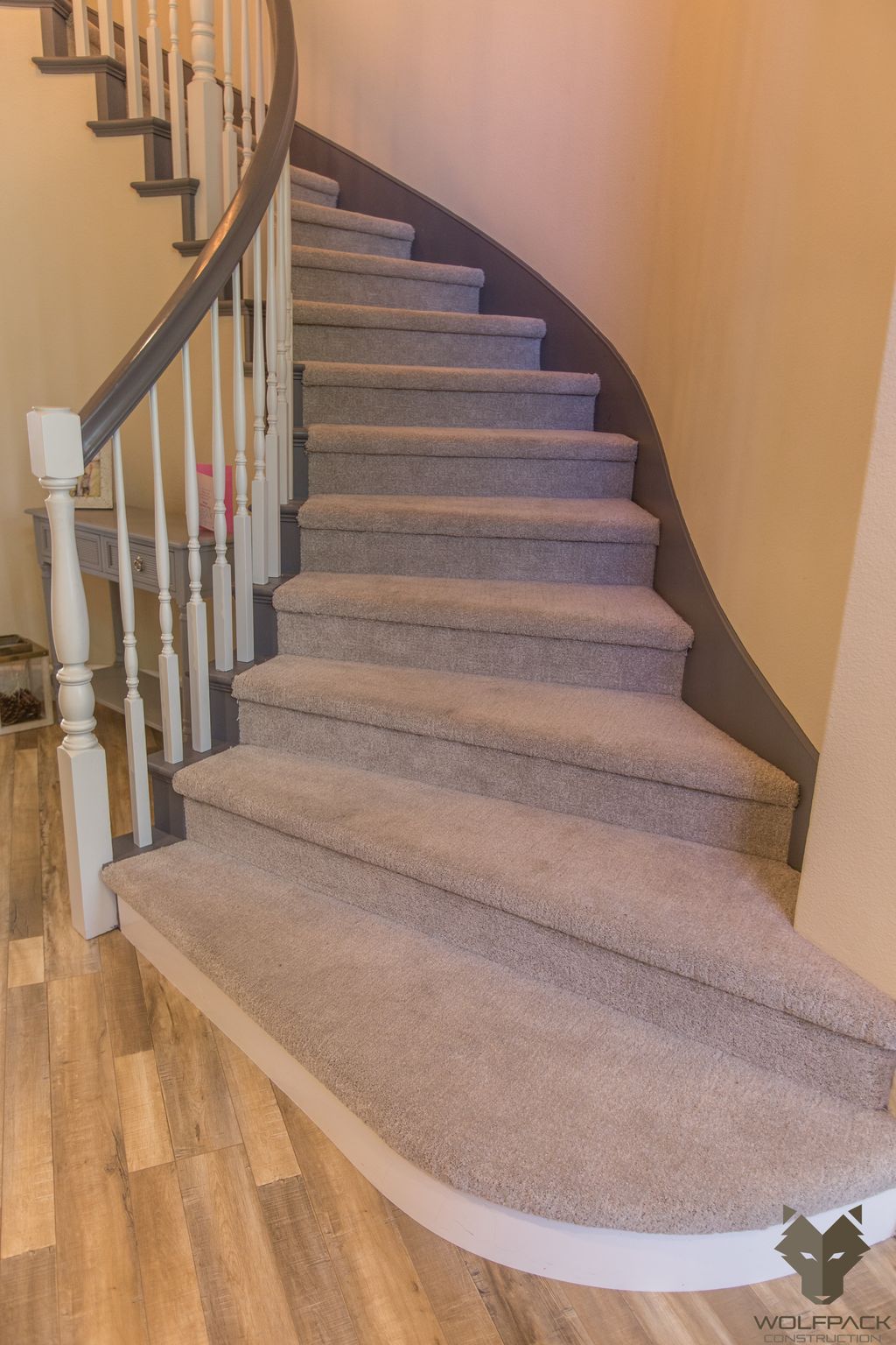 Birch handrails painted white and grey