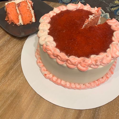 Strawberry layered cake, with vanilla buttercream.