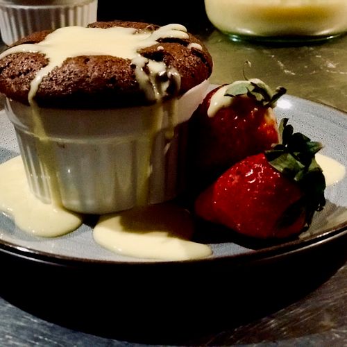 Bittersweet chocolate soufflé with vanilla bean cr