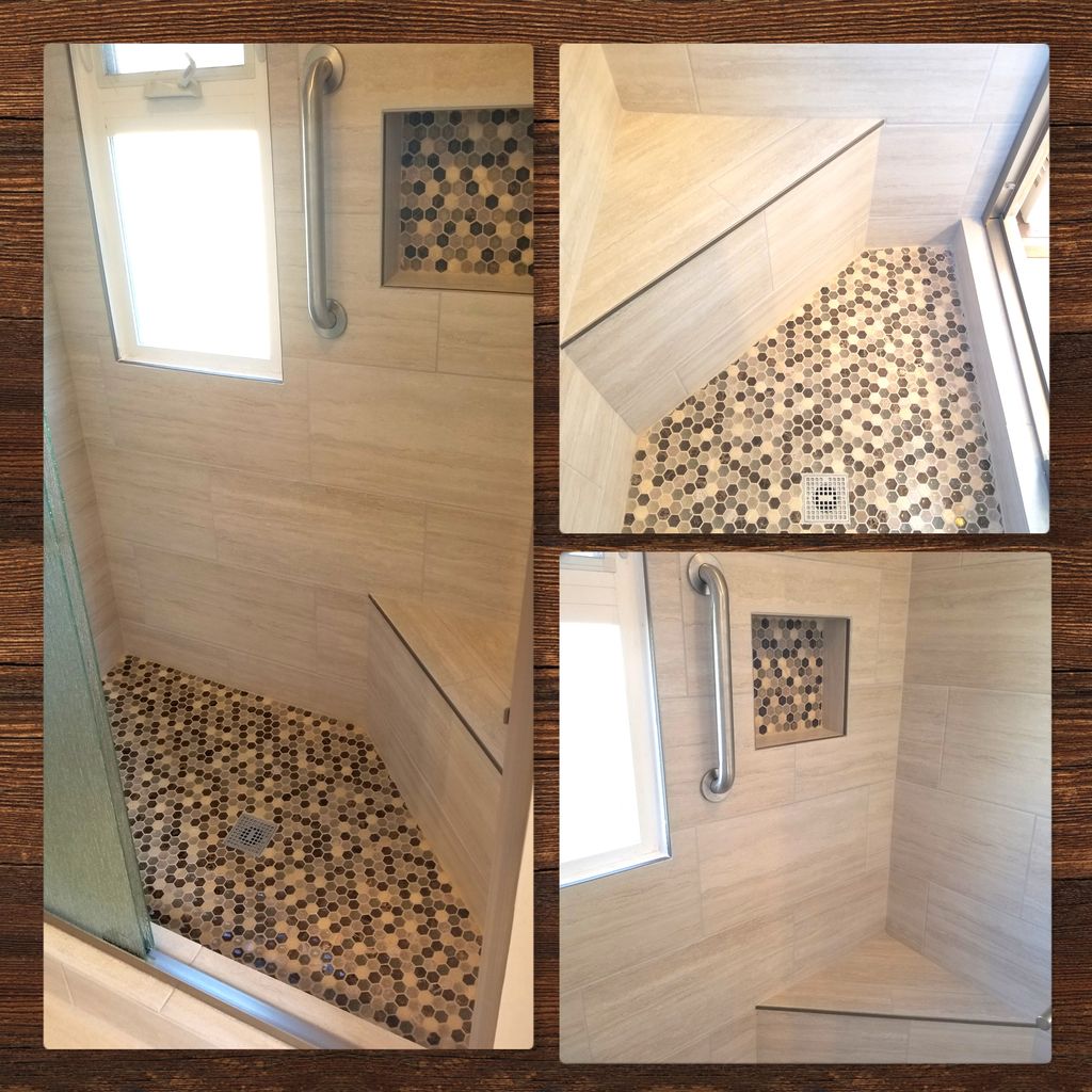 tile niche, grab bar and seat