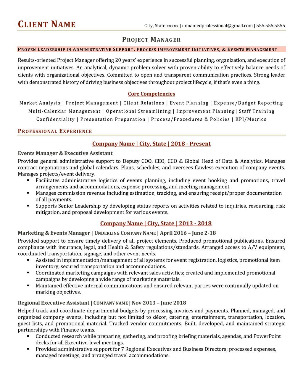 Project Manager, Event Services (2019)