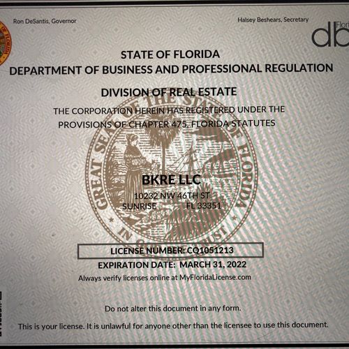 BKRE, LLC Broker's License CQ1051213