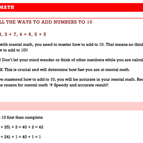 Sample of Mental Math handout