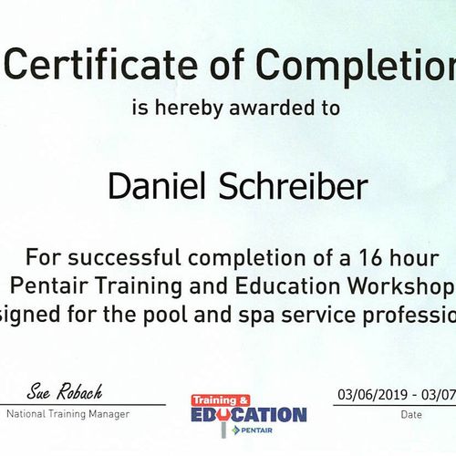 I successfully completed a 16 hour Pentair Trainin