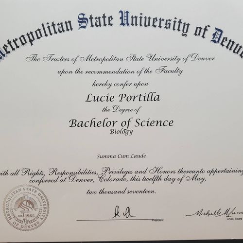 Bachelor of Science, Biology; Metropolitan State University, 2017