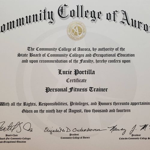 Personal Fitness Trainer Certificate, Community College of Aurora, 2014