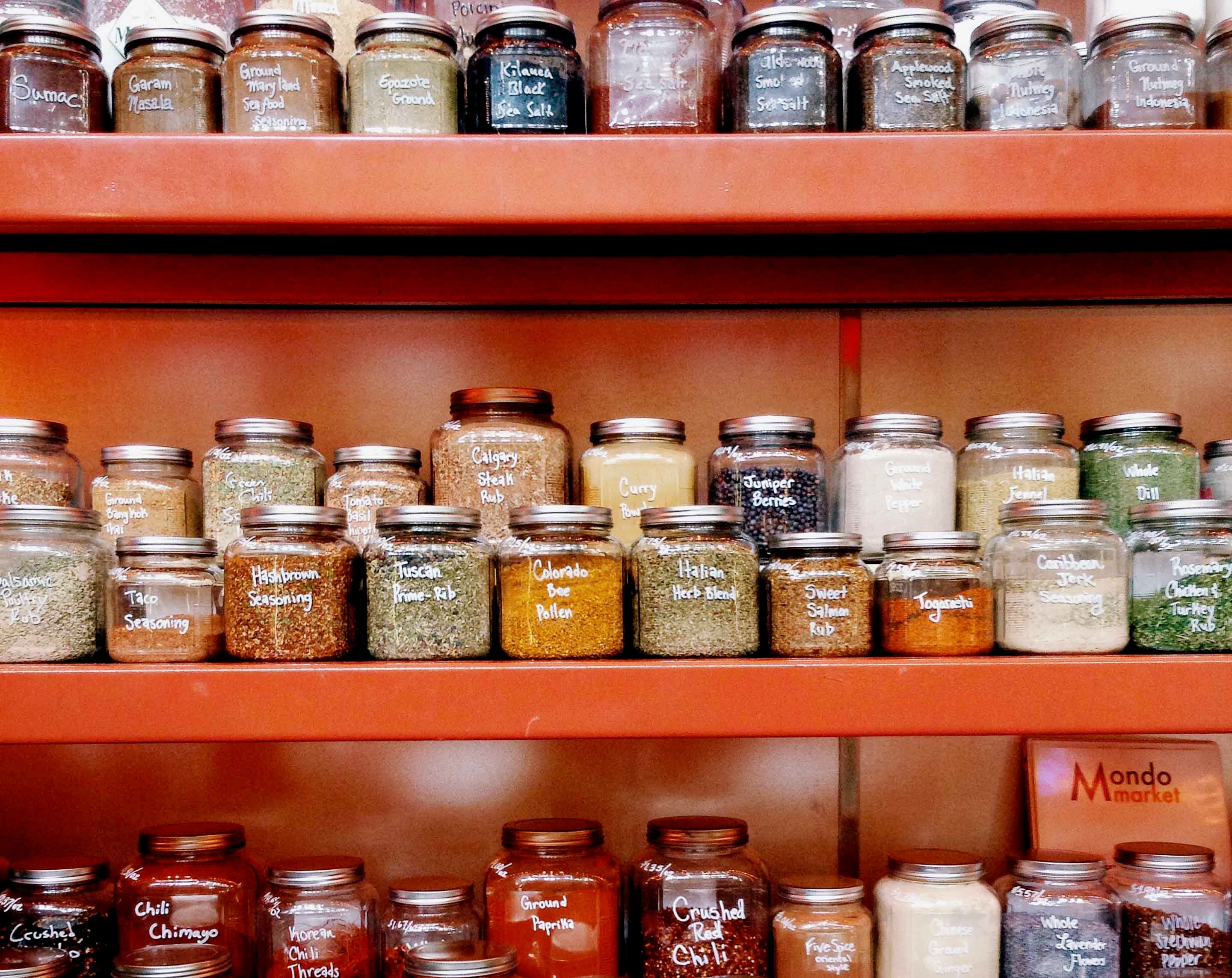 labeled spices on shelves