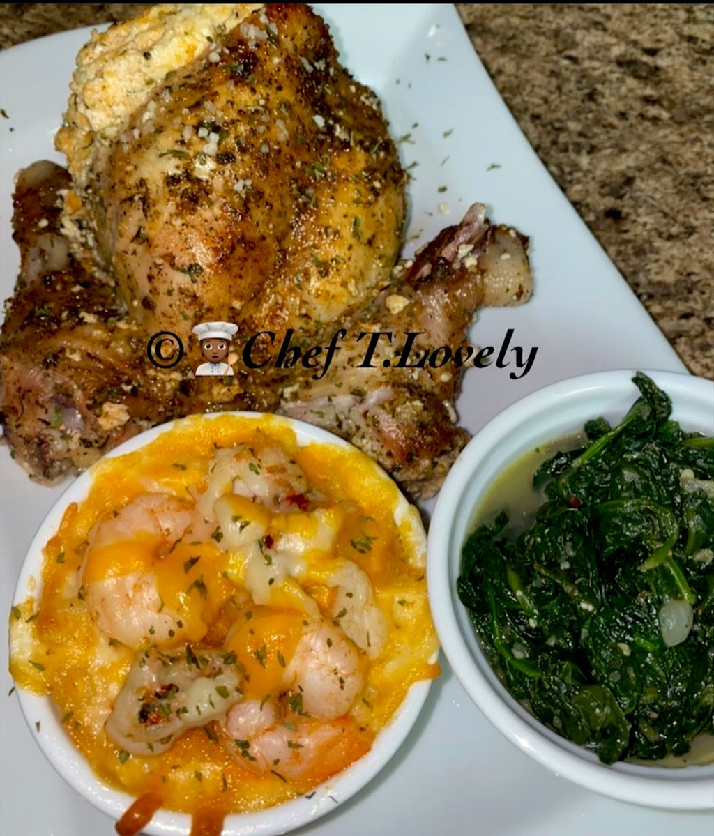 Stuffed Chicken,Seafood Mac, Sautéed Spinach  