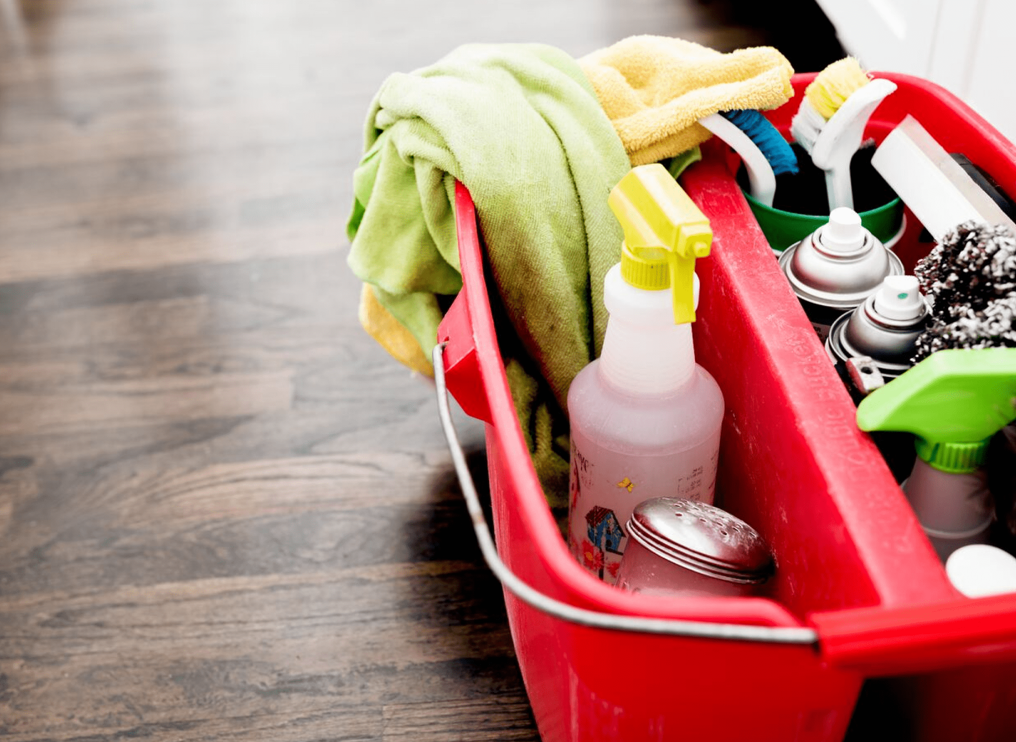 bucket of cleaning supplies