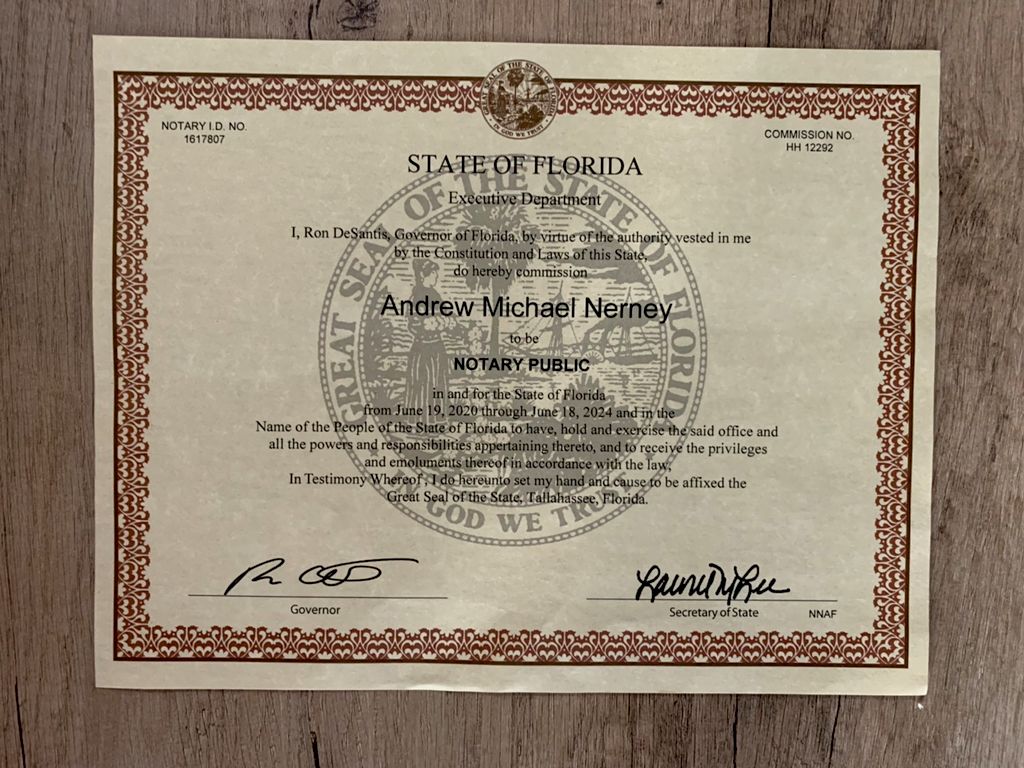Certificate from the State of Florida