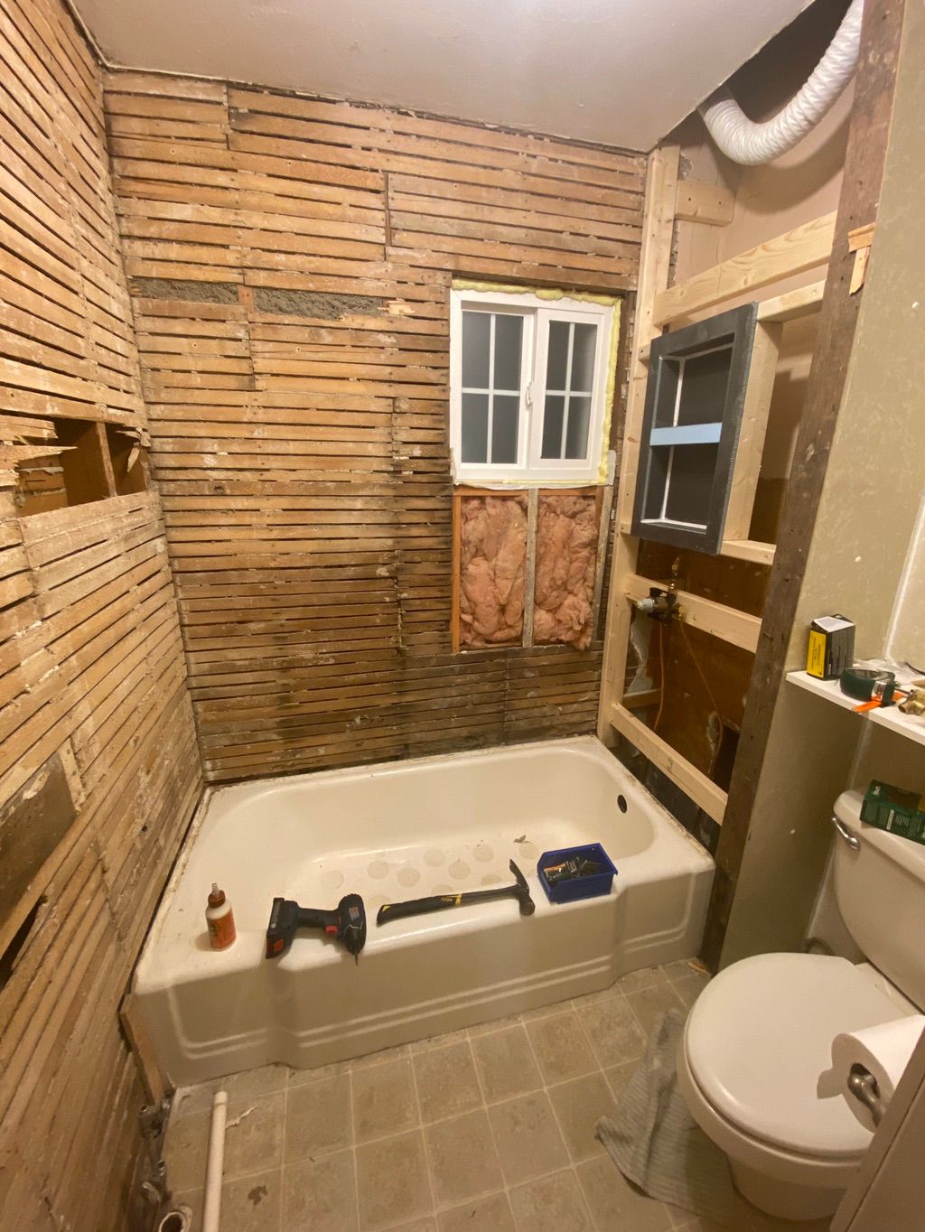 Gutted bath, removed moldy framing from shower hea