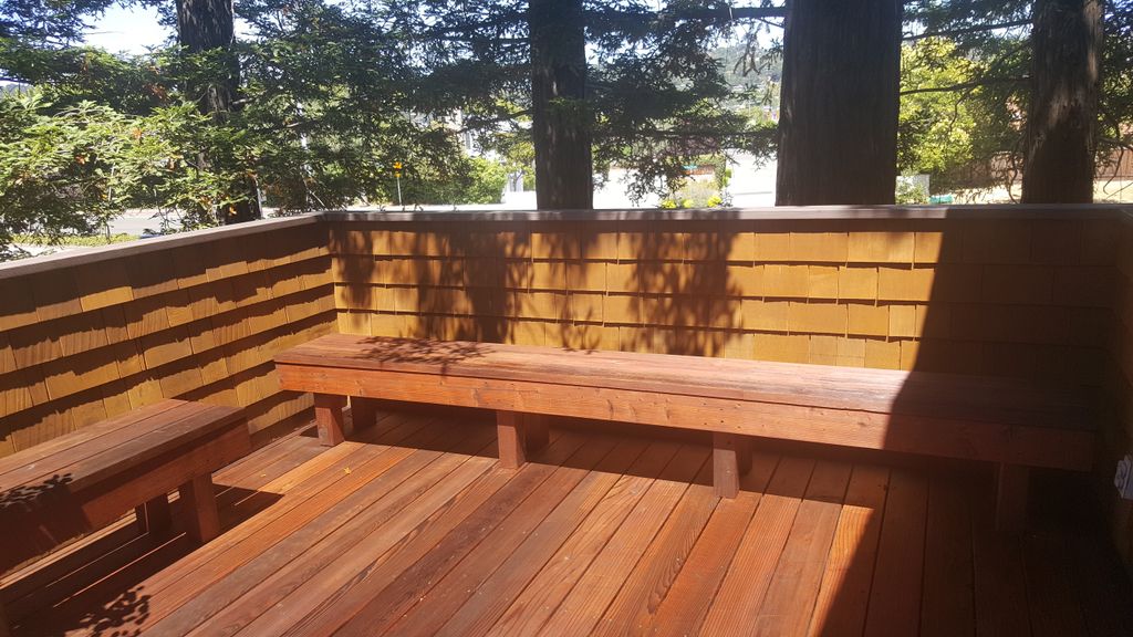Redwood tone stain on redwood deck.