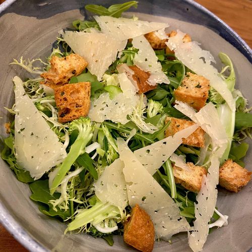 Caesar Salad; broccoli, frisée,  brioche croutons,