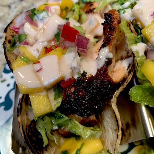 Blackened Salmon Tacos w/ Pineapple Salsa, Napa Cabbage Slaw, Chipotle Aioli