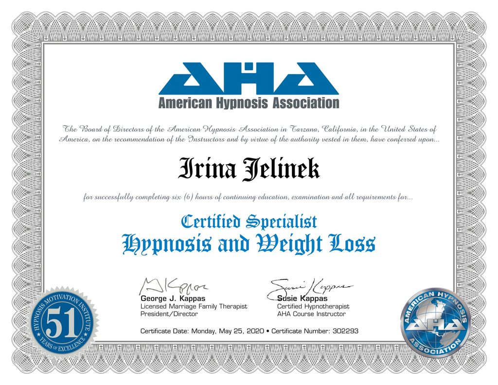 Certified in Hypnosis for Weight Loss