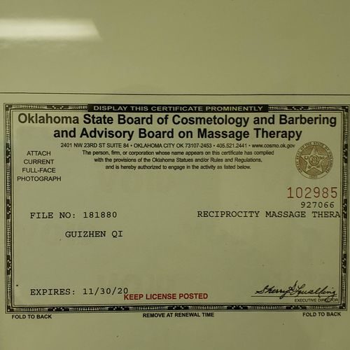 massage license of Oklahoma  