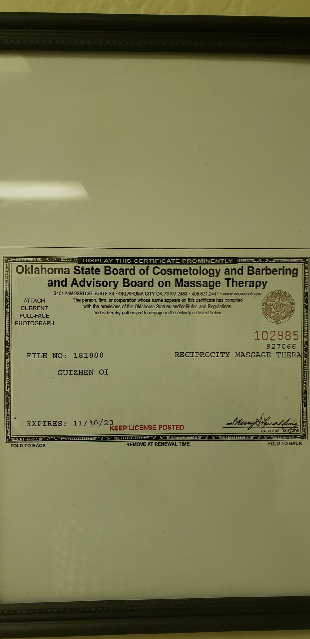 massage license of Oklahoma  