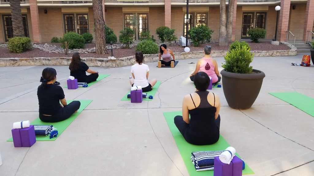 Yoga with staff and guests at the Hilton.