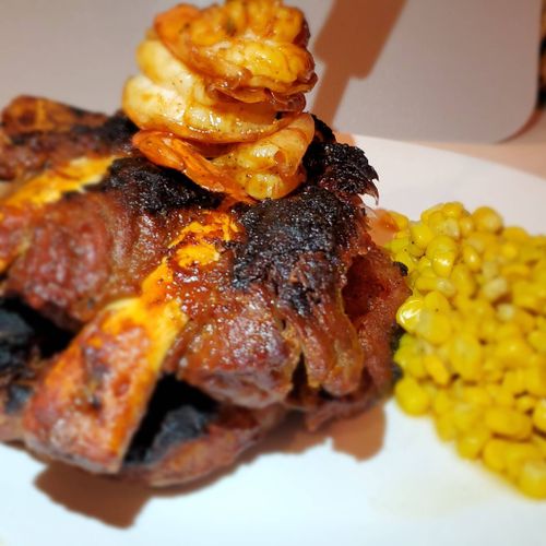 T-bone Steak, BBQ Beef Ribs, & Shrimp w/ Sweet Cor