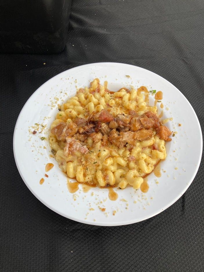 Double bacon, cheddar Mac & Cheese dish with garli