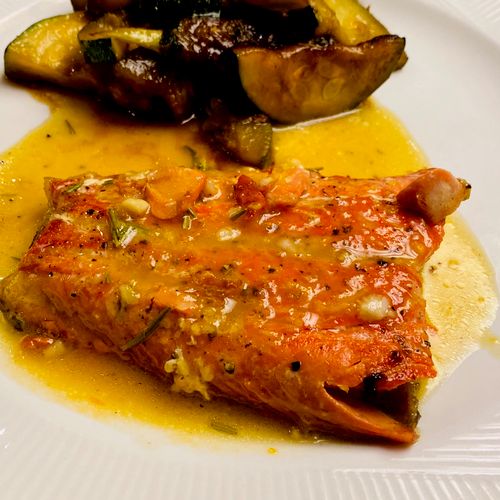Salmon with orange sauce and roasted veggies 