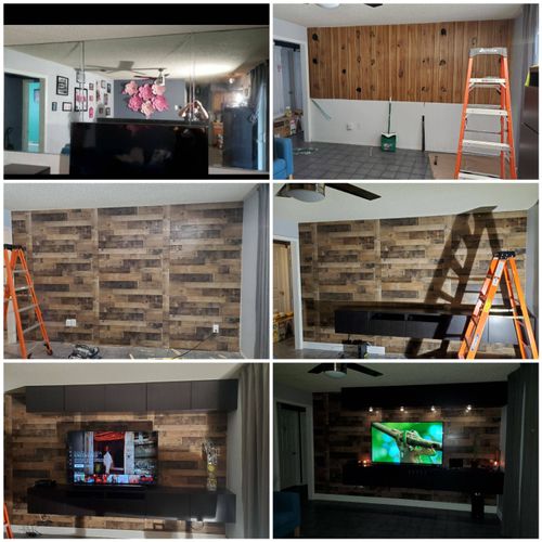 wall renovation, floating tv console installation 
