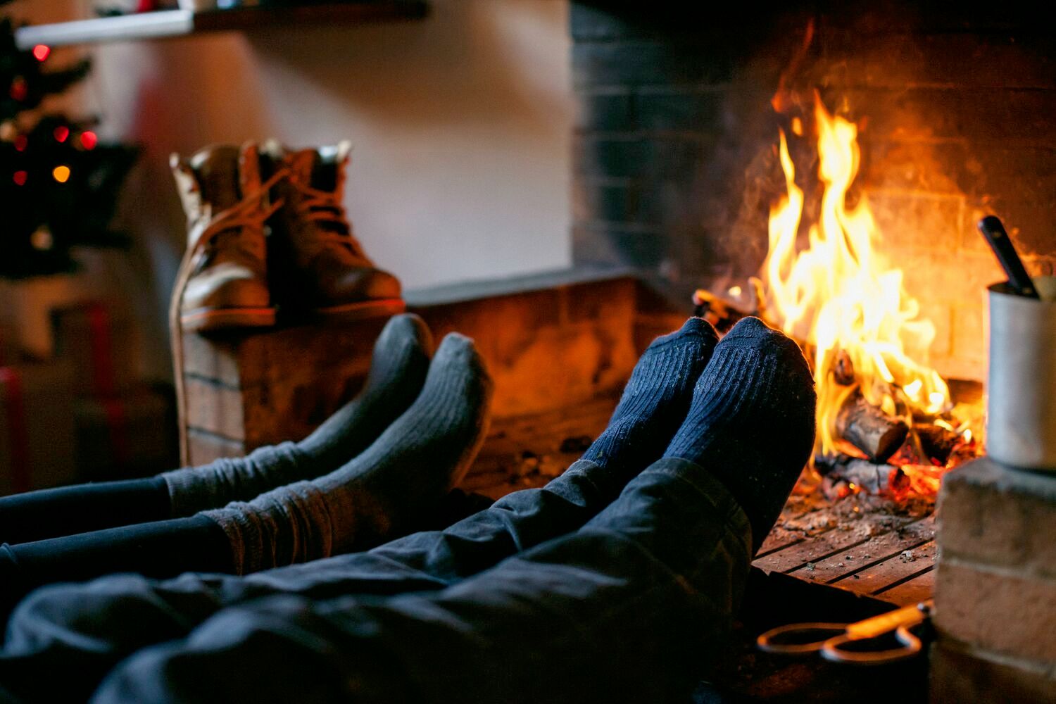 feet in front of fireplace