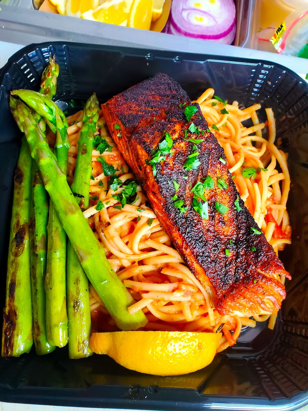 Blackened Salmon w/Bucatini Carbanara 