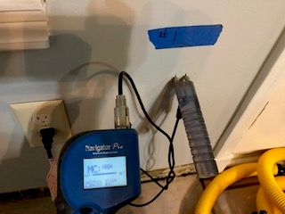 Testing drywall to determine its moisture content.