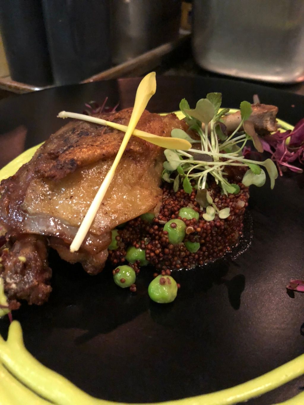 Duck Confit, Red lentils, english peas, pea puree