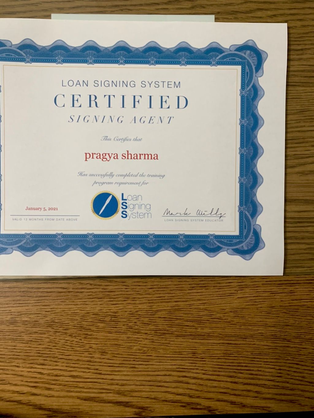 Loan Signing Agent Certificate