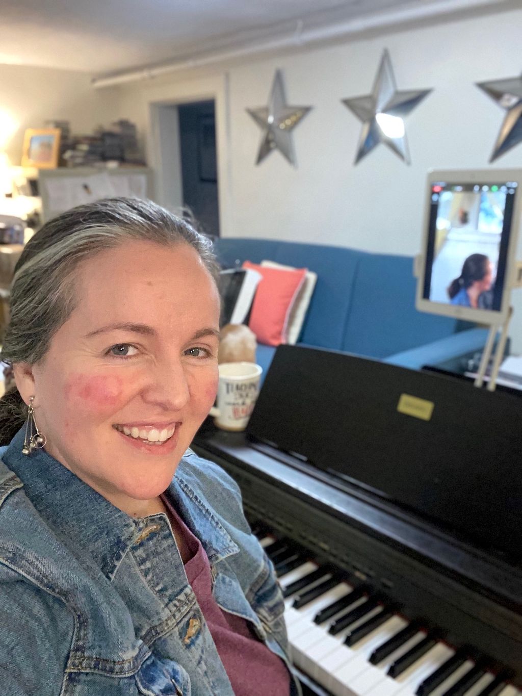 At my piano, and ready to Zoom or FaceTime!