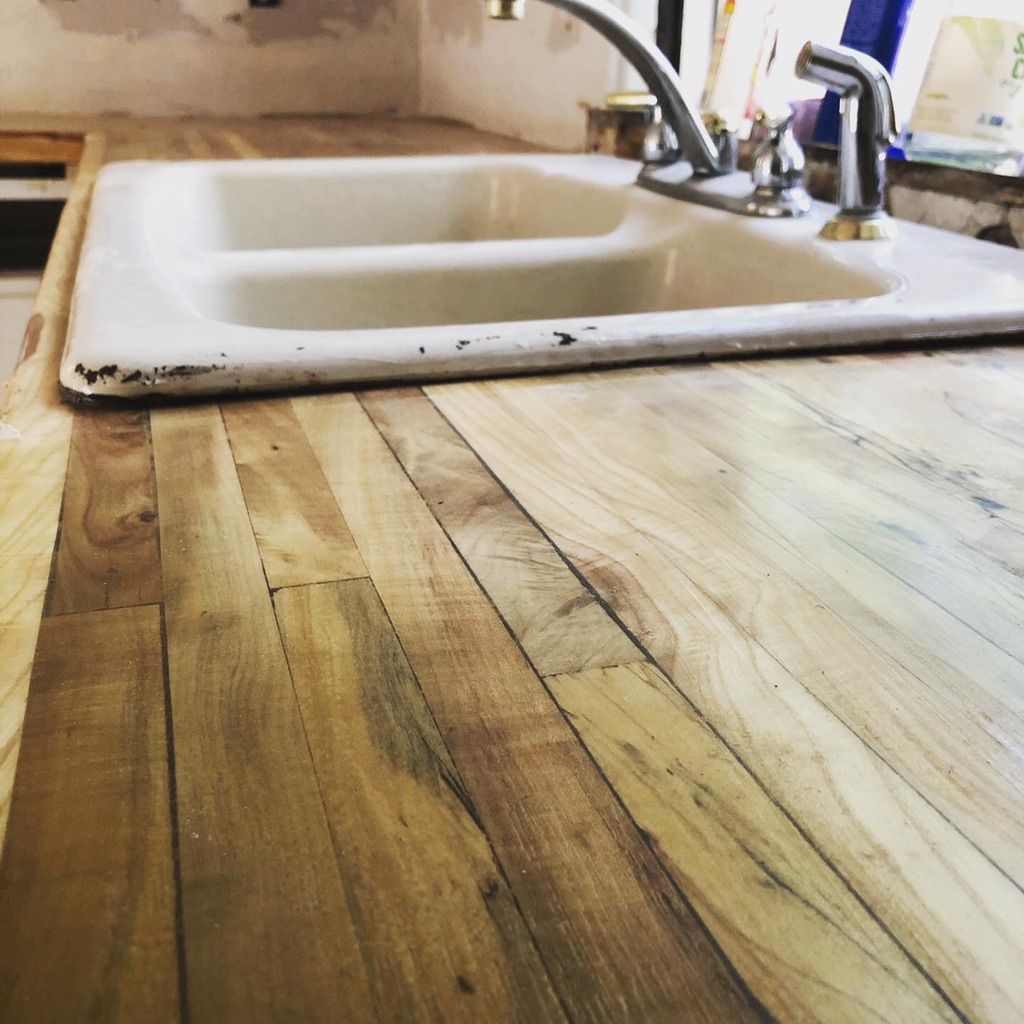 Custom butcher block counter in kitchen