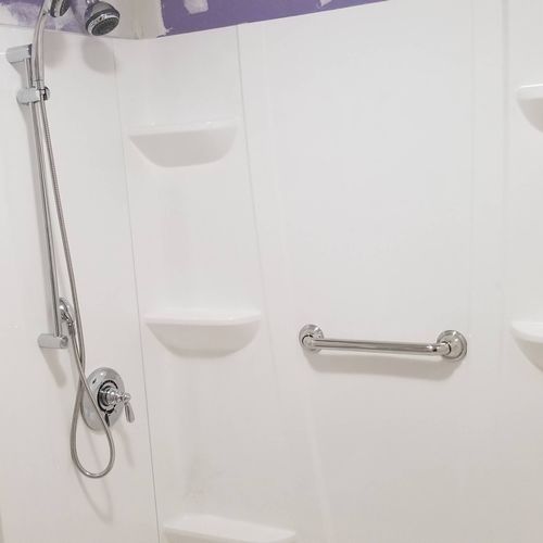 standup shower unit with Handheld trim kit and grab bars