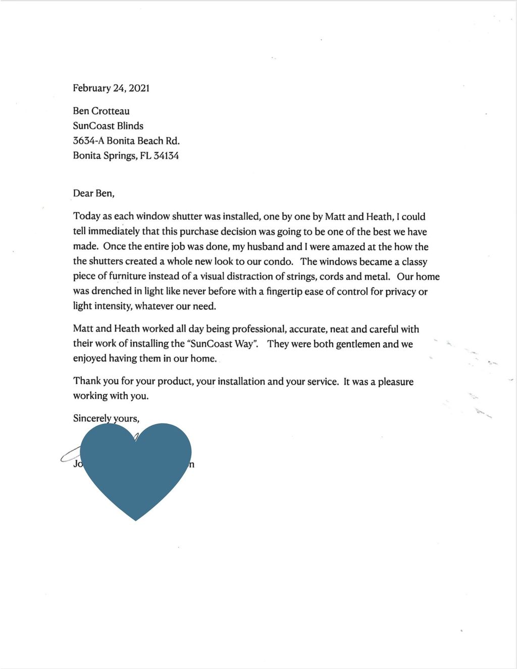 Letter from SunCoast Client 