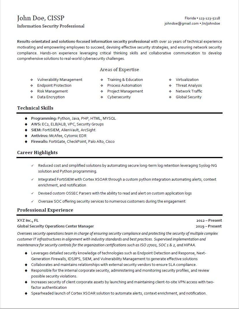 Cybersecurity Professional Resume Sample