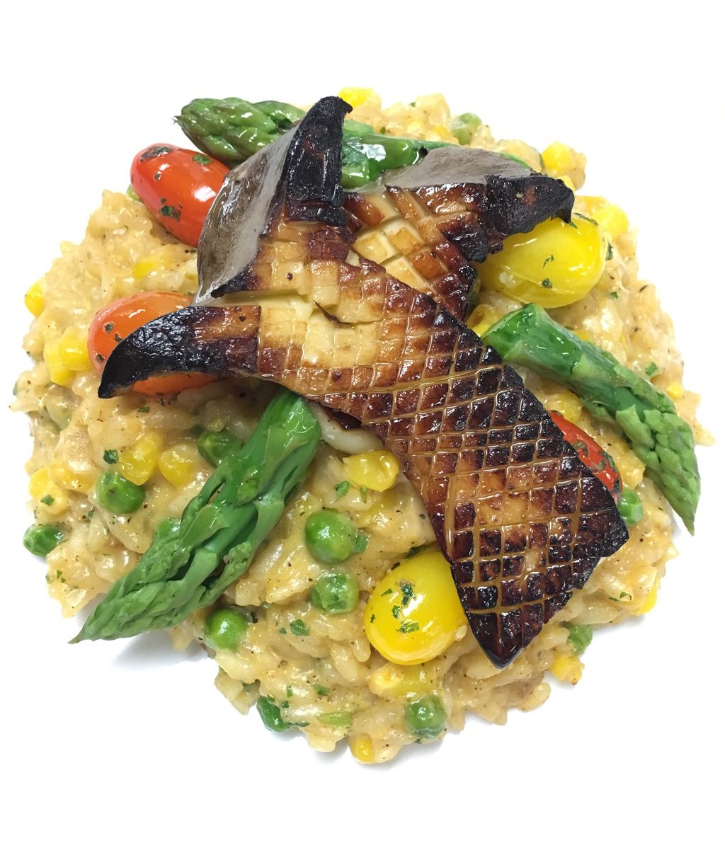 sweet corn risotto, king trumpet mushrooms, aspara
