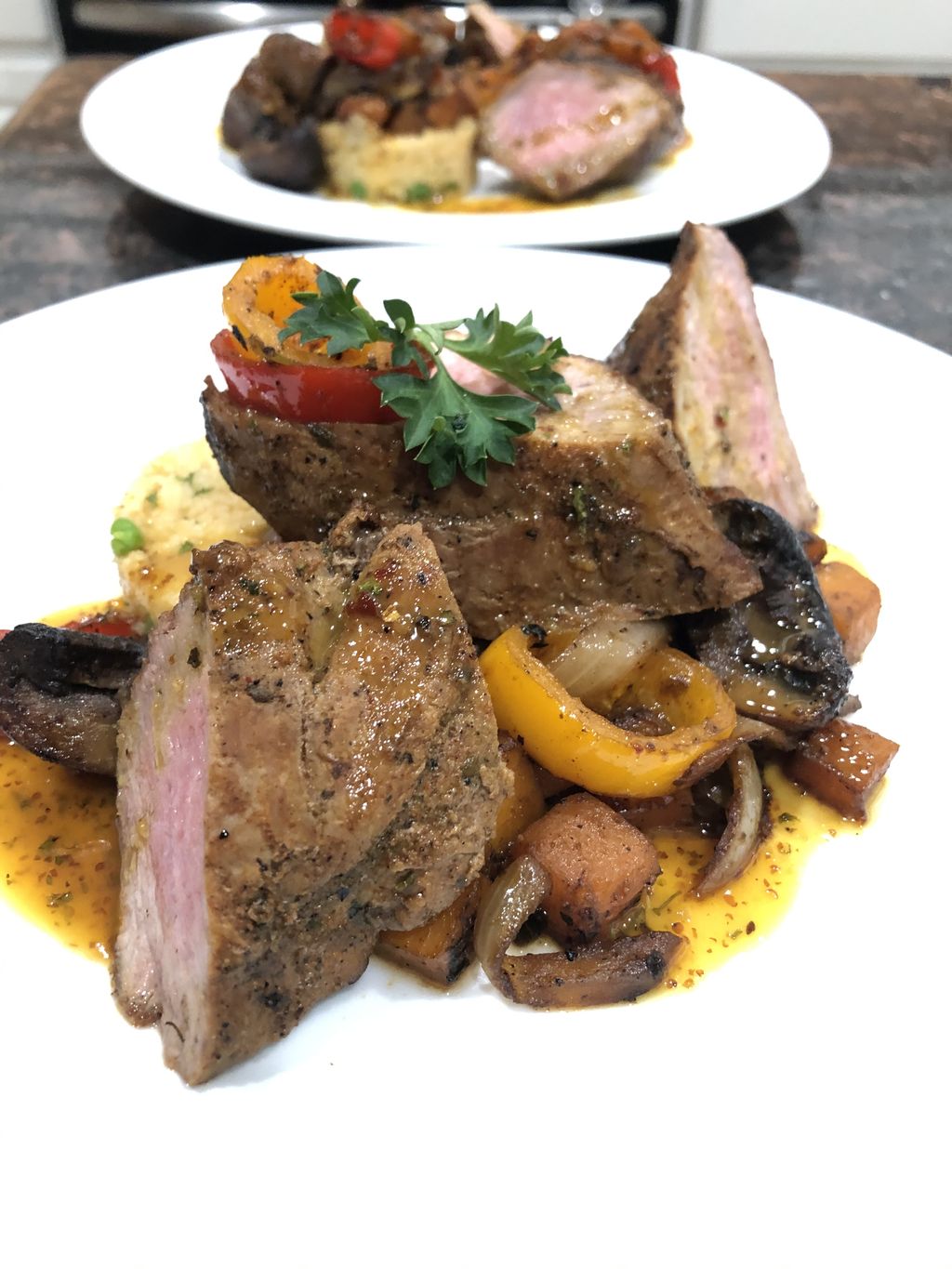 pork tenderloin, pumpkin hash, red curry cous cous